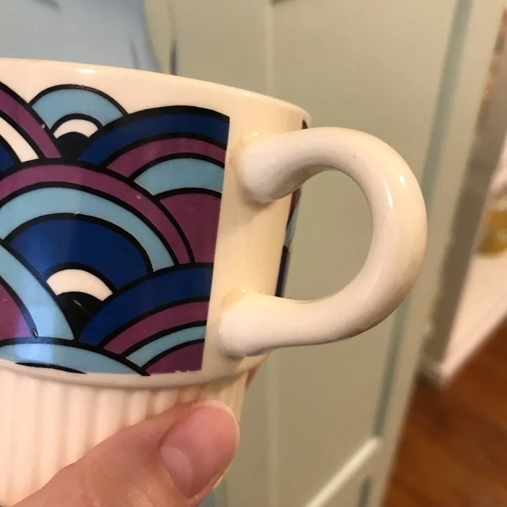 Vintage Coffee Cups Mid Century Modern Rainbow Arch Blue Purple White Set of 2